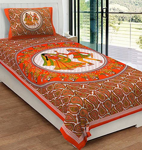 Image of RajasthaniKart Comfort Rajasthani Jaipuri Traditional Sanganeri Print 144 TC Cotton Single Bedsheet with 1 Pillow Cover - King, Round Dandiya (Orange, Single)