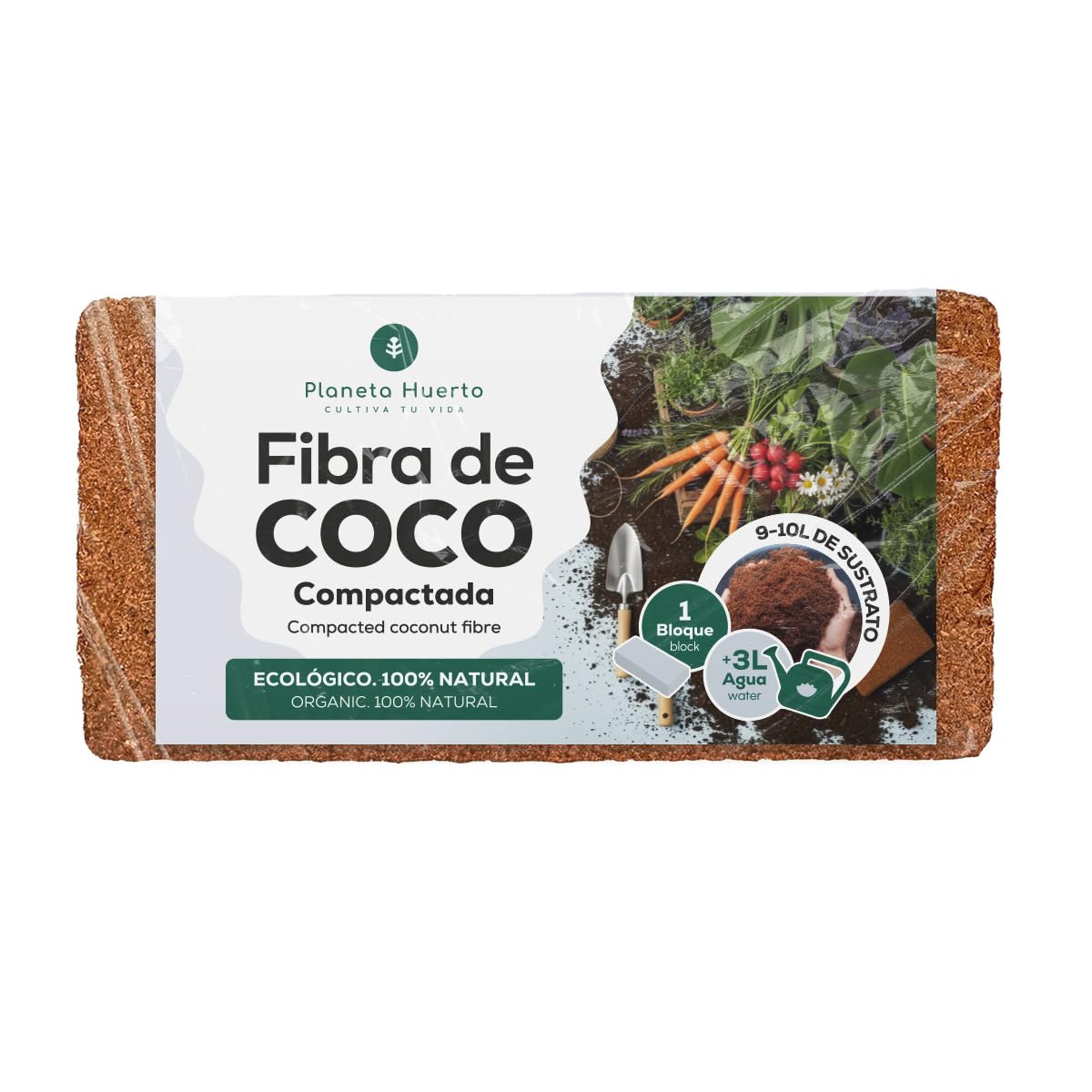 Planeta HUERTO | Sustrato Fibra de Coco Compactada, Tierra Ecológica Ligera y Aireada, Alta Retención de Agua, pH Neutro - Sustrato Fibra Ideal para Semilleros y Cultivos en Maceta