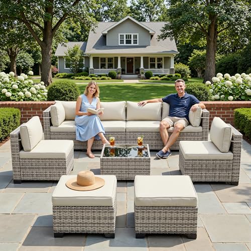 Image of Outdoor PE Wicker Rattan Modular Patio Sectional Sofa Set | 9-Piece: 6 Modular Seats, Coffee Table & 2 Ottomans, Ivory
