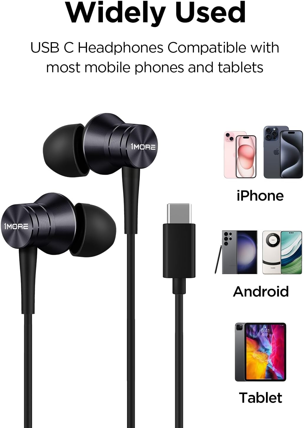 Image showing the USB-C headphones connected to various compatible devices like iPhone, Android phones, and tablets