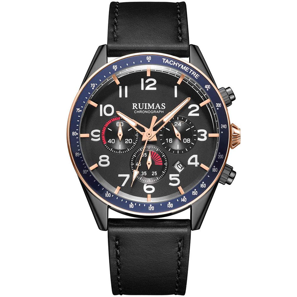 RUIMAS Men's Watches Analogue Quartz Chronograph – Waterproof Blue Black Round Dial with Black Leather Strap for Men