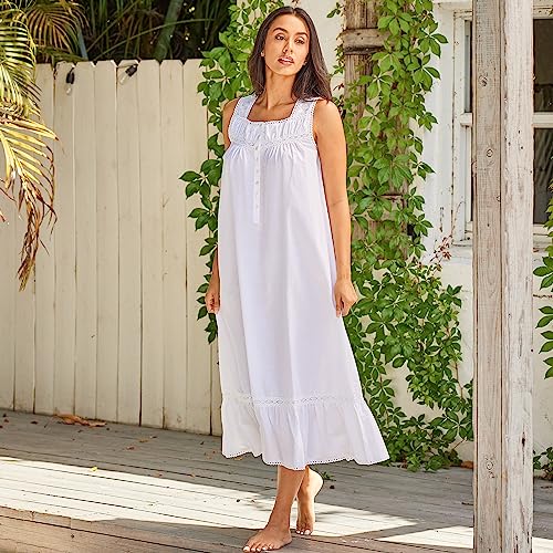 Image of Alexander Del Rossa Cotton Nightgowns for Women, Victorian Nightgown, Ladies Vintage Cotton Sleeveless