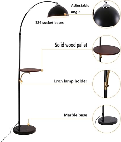 Miniatura 5 de Lámpara de pie industrial con mesa de madera, moderna lámpara de pie de arco negro para sala de estar, lámpara de poste de pie con base de mármol,