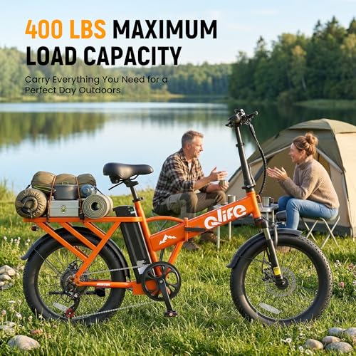 Qlife Hunter Foldable Electric Bike for Adults, Peak 1200W Ebike with 48V 13.5Ah Battery, 65-Mile Range, Heavy-Duty Rear Rack, 20-Inch Fat Tires, Folding E Bike for Commuting & Outdoor Use
