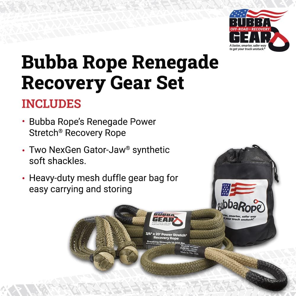 Bubba Rope Heavy-Duty Off-Road Vehicle Tow Recovery Gear Set – Renegade Power Stretch Recovery Rope, 3/4” x 30’ & NexGen PRO Gator-Jaw Synthetic Shackles, 3/8” x 6.5” - Orange Blaze