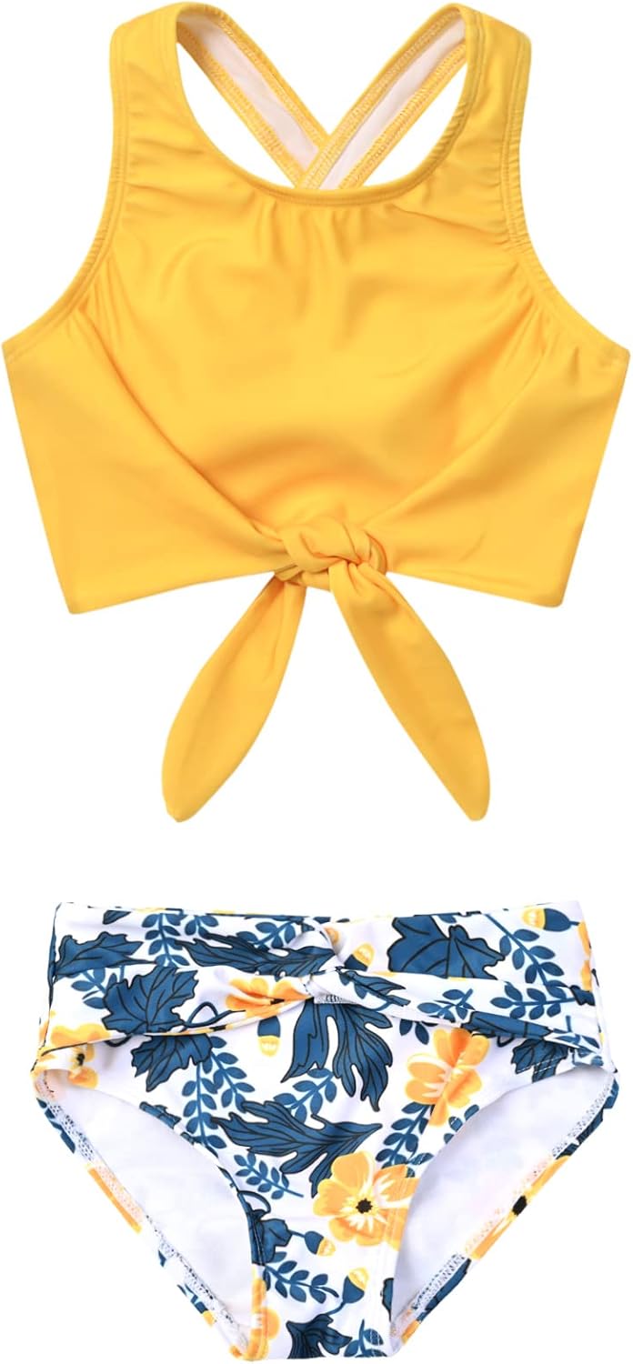 Mirawise Girls Swimsuits Swimwear Bathing Suit Beach Bikini Two Piece Tie Front Swimsiuts 4-13Y