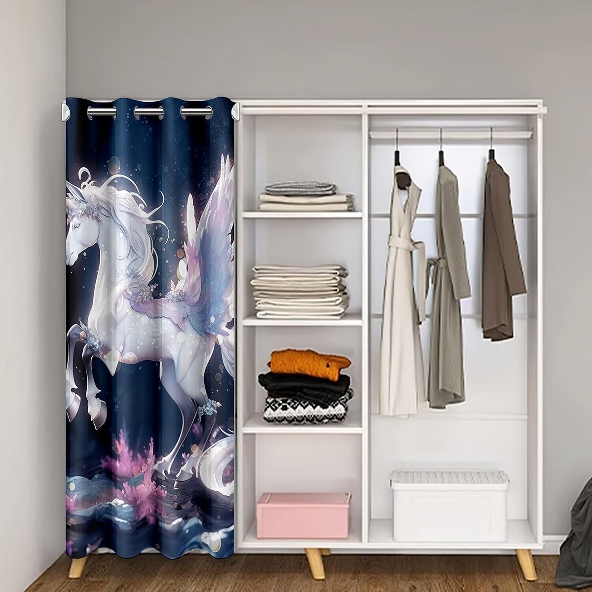 Feelyou Unicorn Blackout Insulated Thermal Curtain Set Kawaii Cute Unicorn Doorway Curtain Privacy White Flying Horse Door Cover Curtain Magical Unicorn Animal Window Treatments 1 Panel, 42"x80"