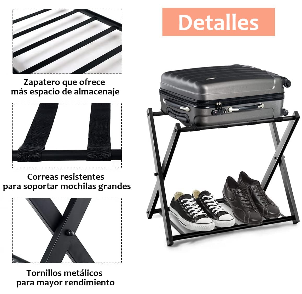 RELAX4LIFE Portaequipajes Metálicos de 2 Pisos, Estante Plegable de Equipaje para 2 Maletas, Soporte de Equipaje para Dormitorio y Hotel, Negro, 68x44x57cm (1 Paquete)