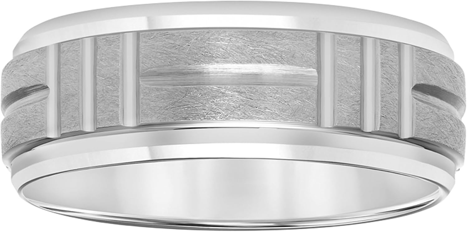 Men’s Tungsten Carbide Wedding Band – 8mm White Tungsten Ring Crystalline Sand Brushed Center, Horizontal & Vertical Line Engravings, Beveled Edges, Flat Profile, Comfort Fit, Anti-Scratch & - Image 3