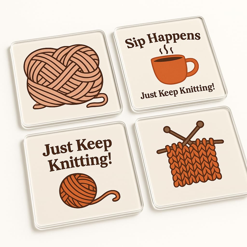 The Plum Penguin Knitty Sips Acrylic Coaster Set Of 4 With Knitting-Inspired Designs - Whimsical Crafting Decor For Mum's Living Room Delight