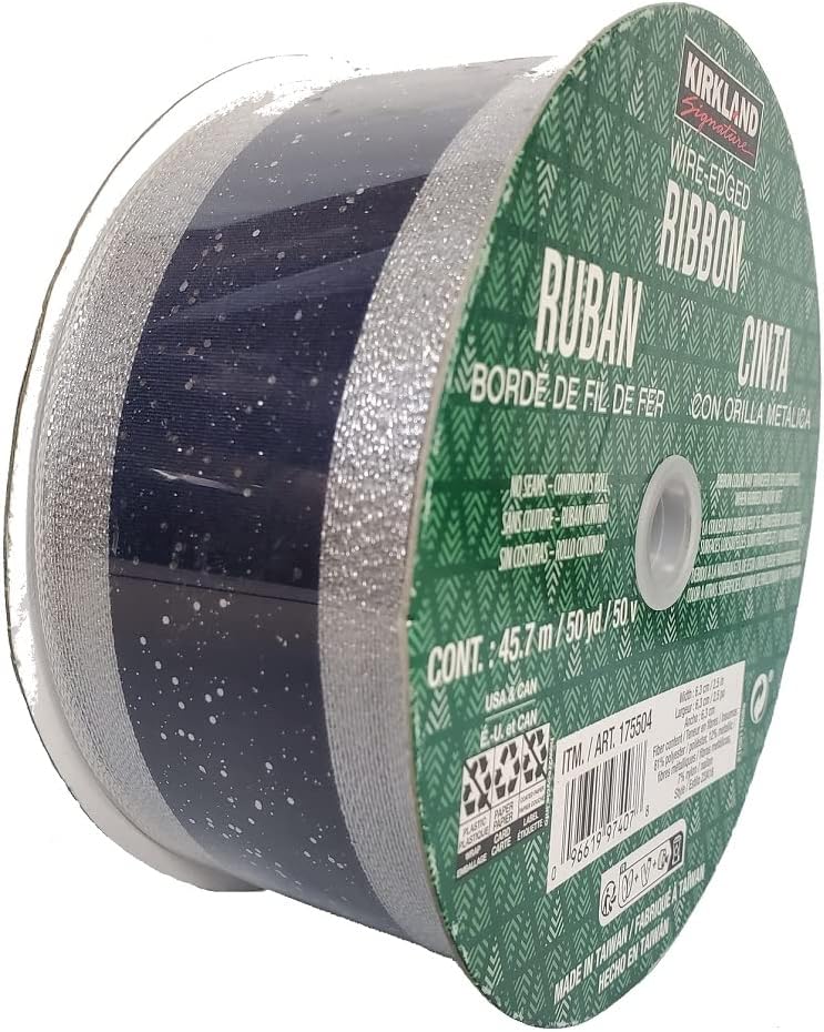 Kirkland Signature Wire Edged Silver Metallic Navy Stripe Ribbon 50yd x 2.5in