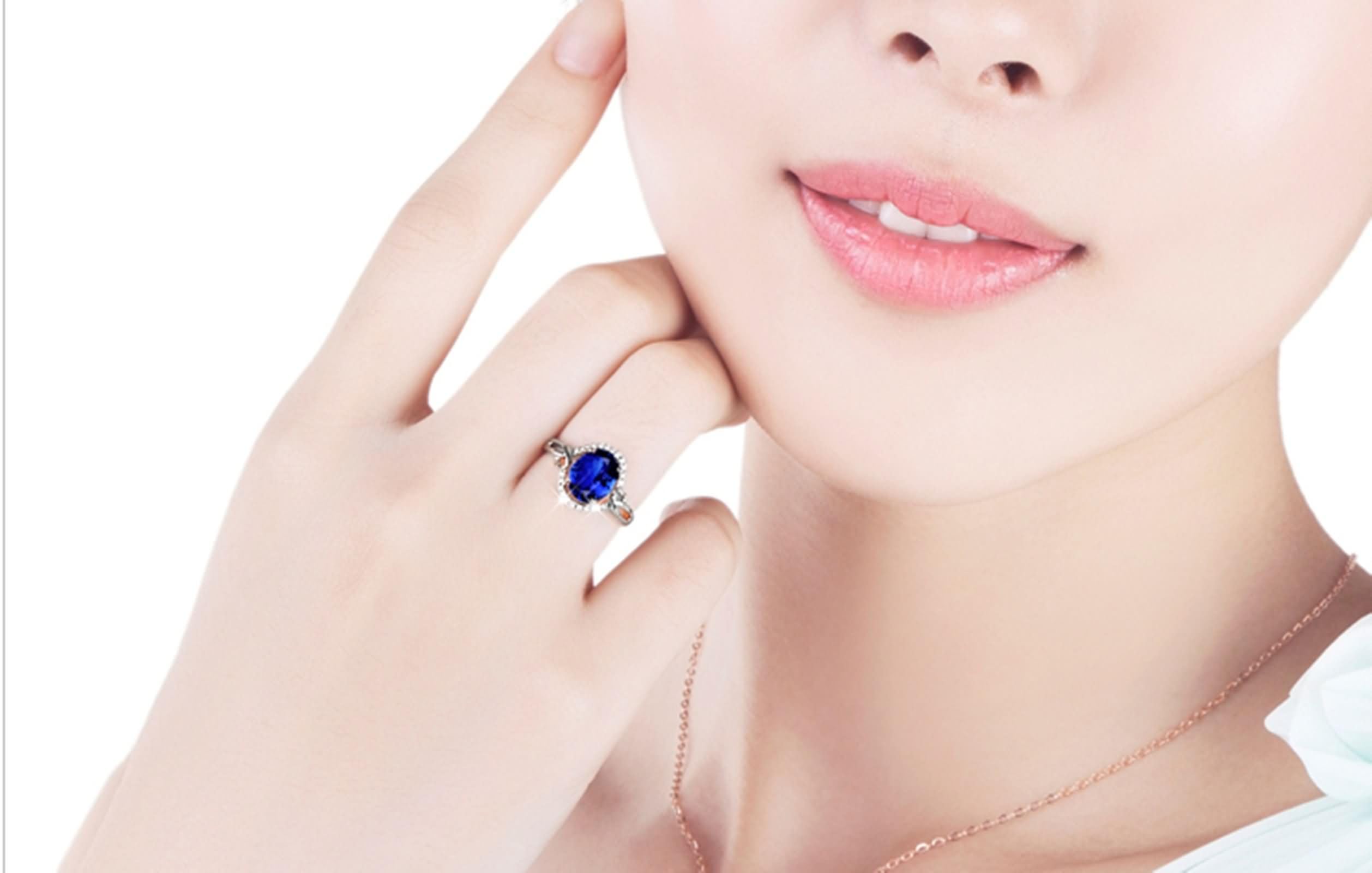 Anelli Fidanzamento di Oro Bianco Donna 9K / 14K / 18K, 4 Griffe Ovale con Zaffiro Sintetico e Moissanite, Donna Anello in Blu Argento Eternity