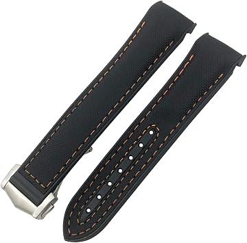 Rubber Nylon Leather Watchband 19 20mm 22 21mm for Omega Planet Ocean Seamaster Diver 300 Pointed Clasp Silicone Watch Strap Color Black Orange line, Size 22mm