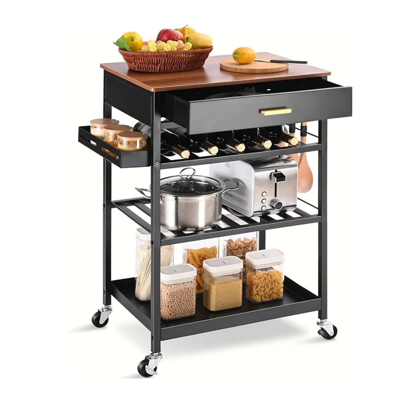 FZL02068LM Serving Trolleys Kitchen Island Cart with Drawer, Rolling Service with Wooden Tabletop, 3-Tier Storage on Wheels, with Hooks Organization