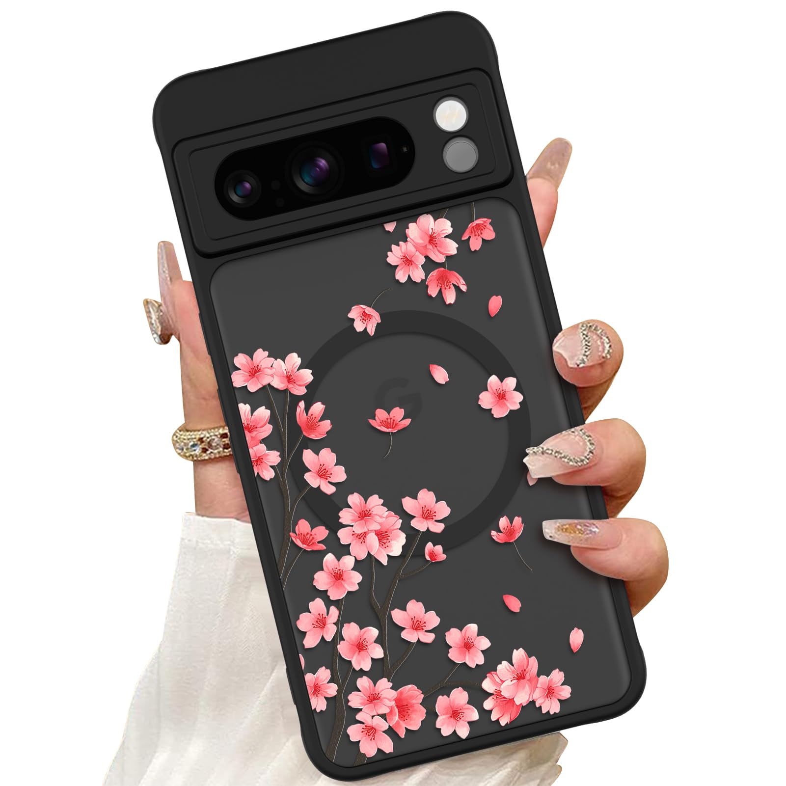 ZIYE Magnetic Case for Google Pixel 8 Pro 6.7 Inch [Compatible with MagSafe] Hard PC and Soft TPU Case with Cherry Blossom Pink Floral Anti-Scratch