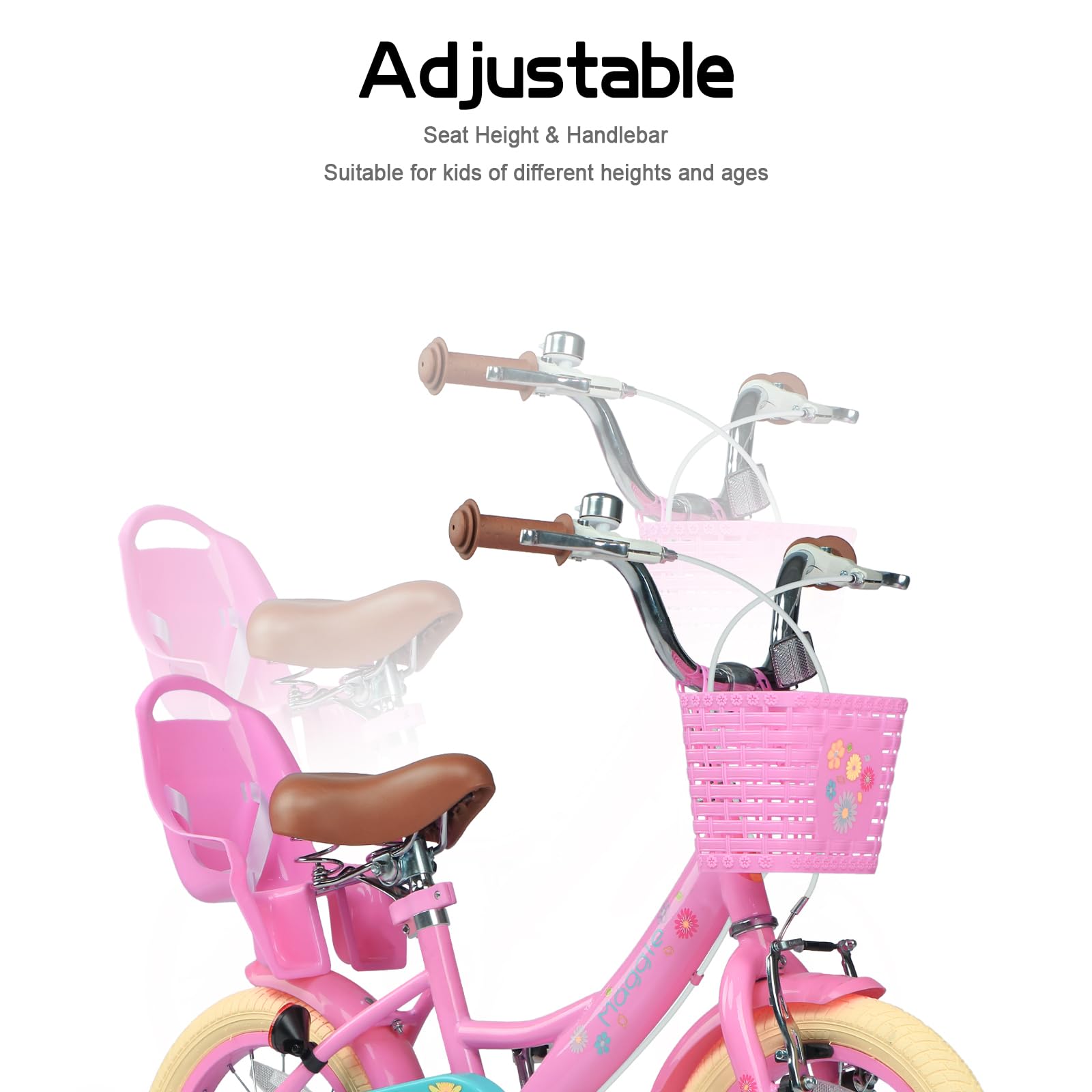 Glerc Maggie 12 14 16 20 Inch Kids Bike for 2-13 Years Old, Girls Bicycle with Doll-Seat & Basket & Stabilisers & Kickstand, Multiple Colors