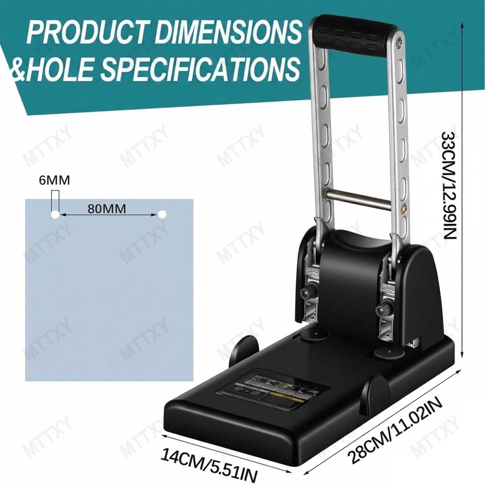Perforatrice per ufficio resistente, Capacità 100 fogli, Perforatore a 2 fori, Distanza fori 80mm, Guida regolabile, Ergonomica per carta A4, Nero