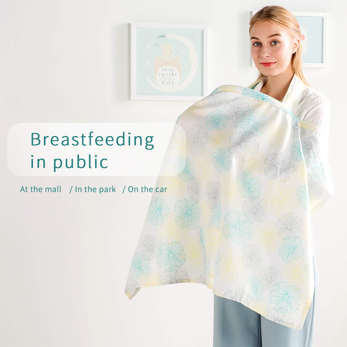 SONARIN Stylish Premium Breastfeeding Nursing Covers,Flower Pattern,with Storage Bag & Towel Corners,4 in 1 Multifunction,Nursing Scarf,Breathable & Lightweight(White)