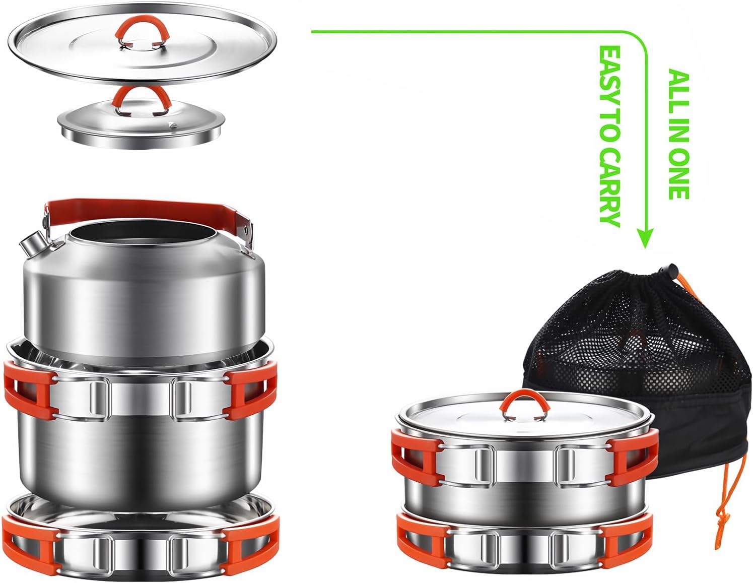 Camping Kochset, Camping Kochgeschirr Set, 304 Edelstahl Camping Töpfe und Pfannen Set, beinhaltet Topf Nonstick Bratpfanne Wasserkocher in Mesh Tasche für Wandern Outdoor Kochen Rucksack für 1-2 Mens