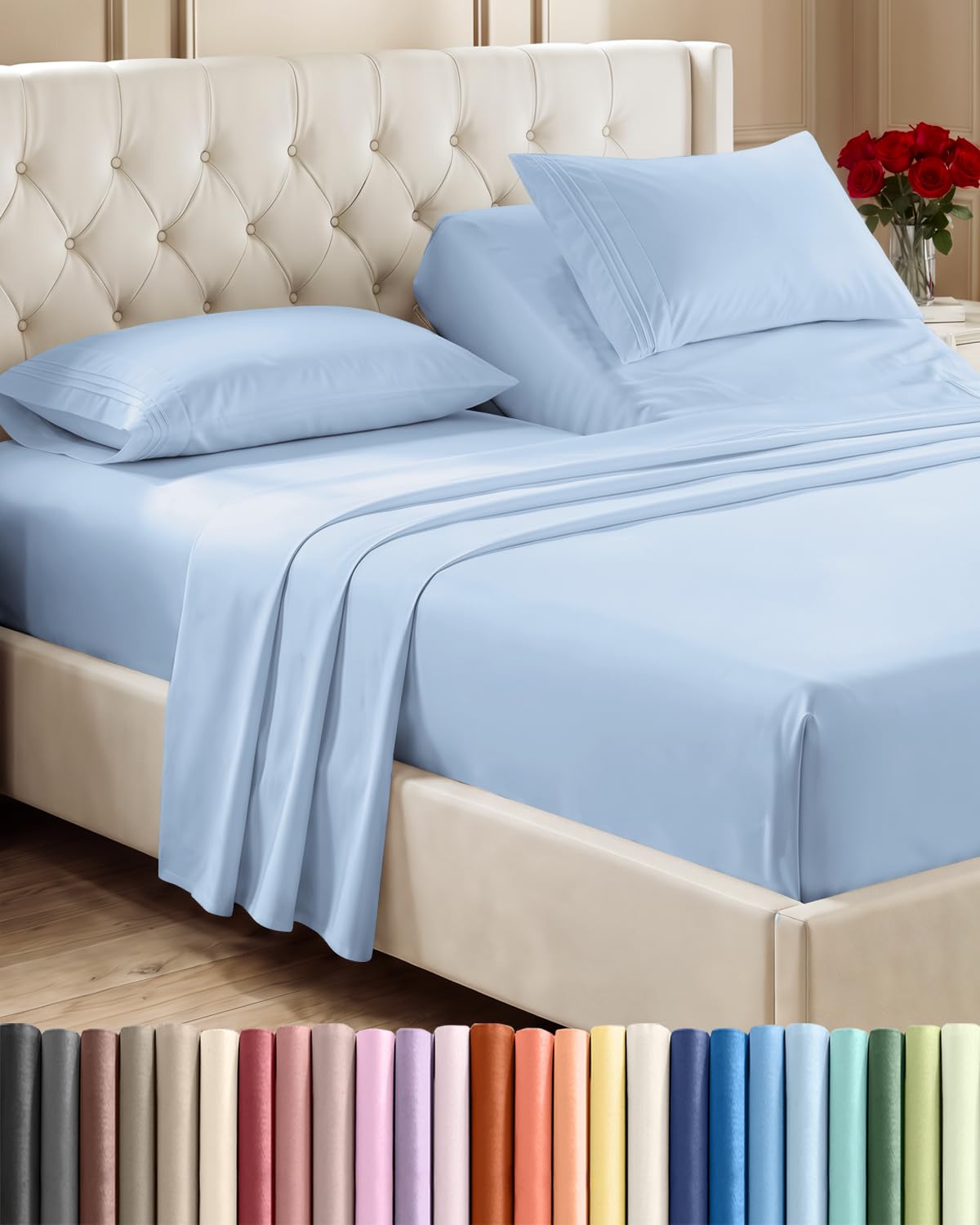 Flex Top Split Head King 4 Piece Sheet Set - Soft &amp; Breathable - Light Blue