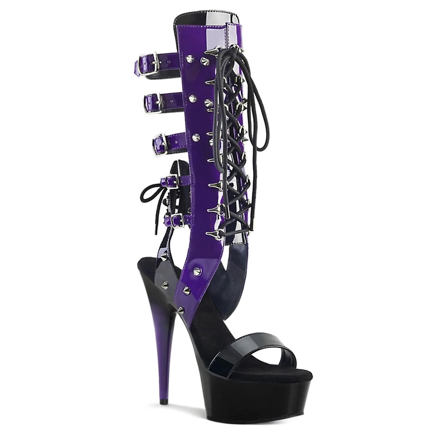 Bottes de discothèque Sexy pour Femmes Plate-Forme Stiletto Talons Hauts Peep Toe Bottes à Bride arrière Bloc de Couleur Sandales à Lacets découpées avec Boucle en métal