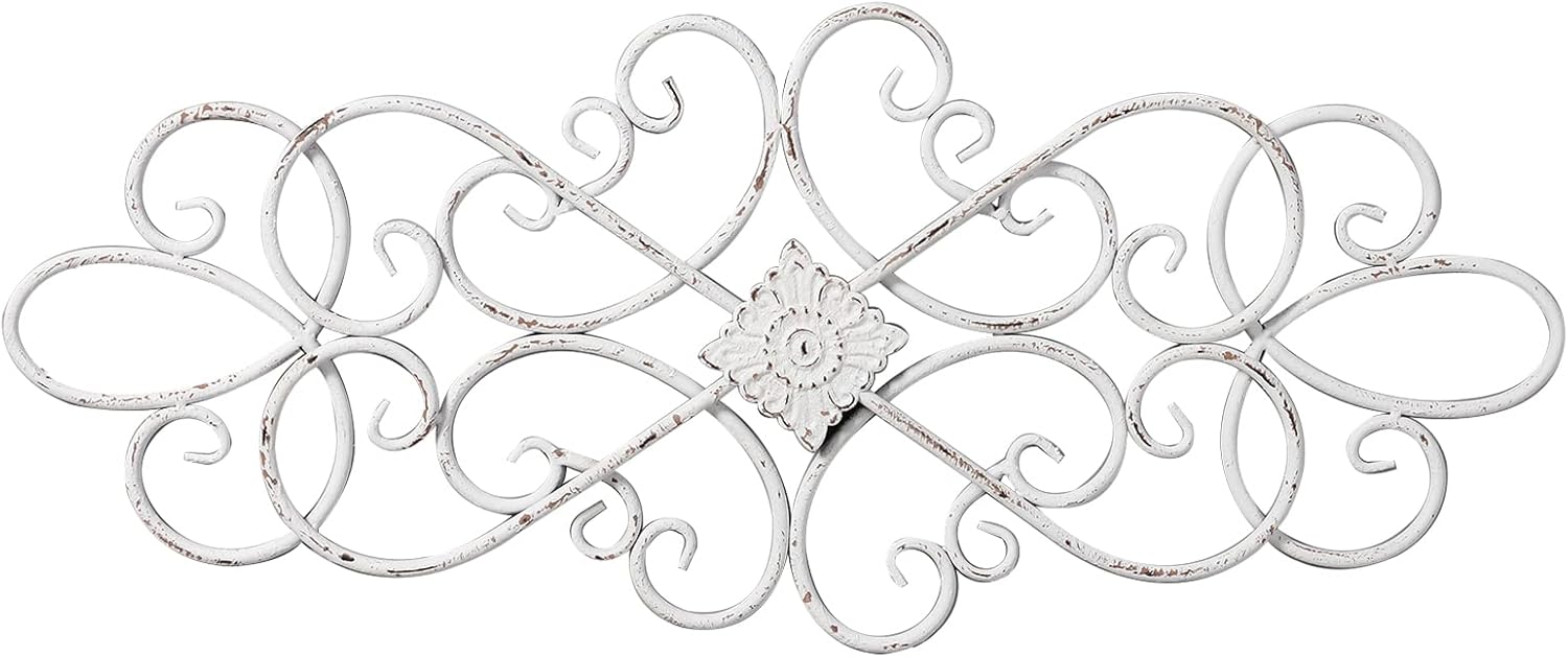 Sintosin White Flower Scroll Metal Wall Art Decor 32" x 13", Hanging Vintage Large Floral Wrought Iron Wall Decor, Farmhouse Wall Sculptures Decorations for Living Room Bedroom Indoor Outdoor