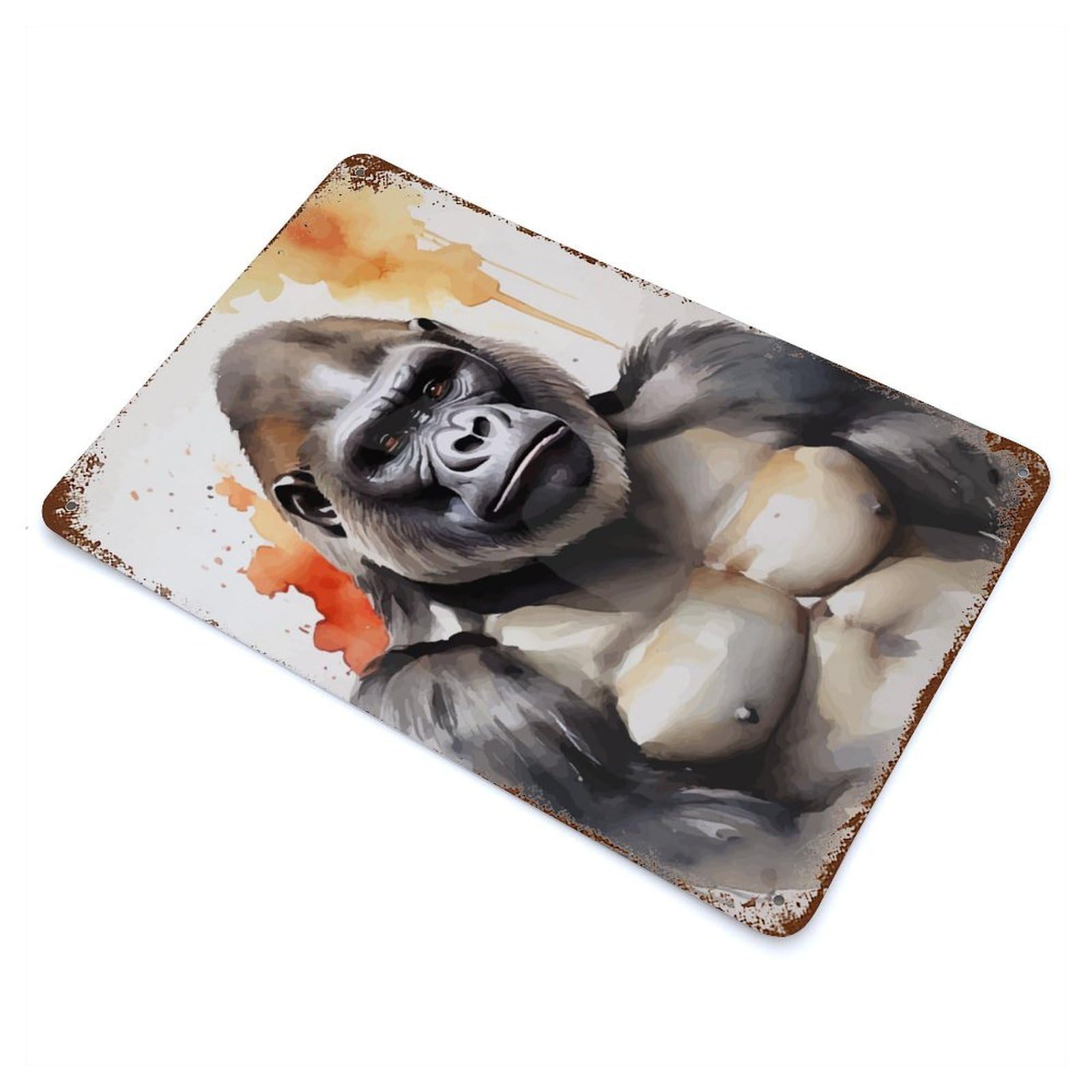 Watercolor Painted Gorilla Vintage Wall Sign 11.8"x7.9", Rust Effect Metal Decor for Living Room, Hallway And Home Decor