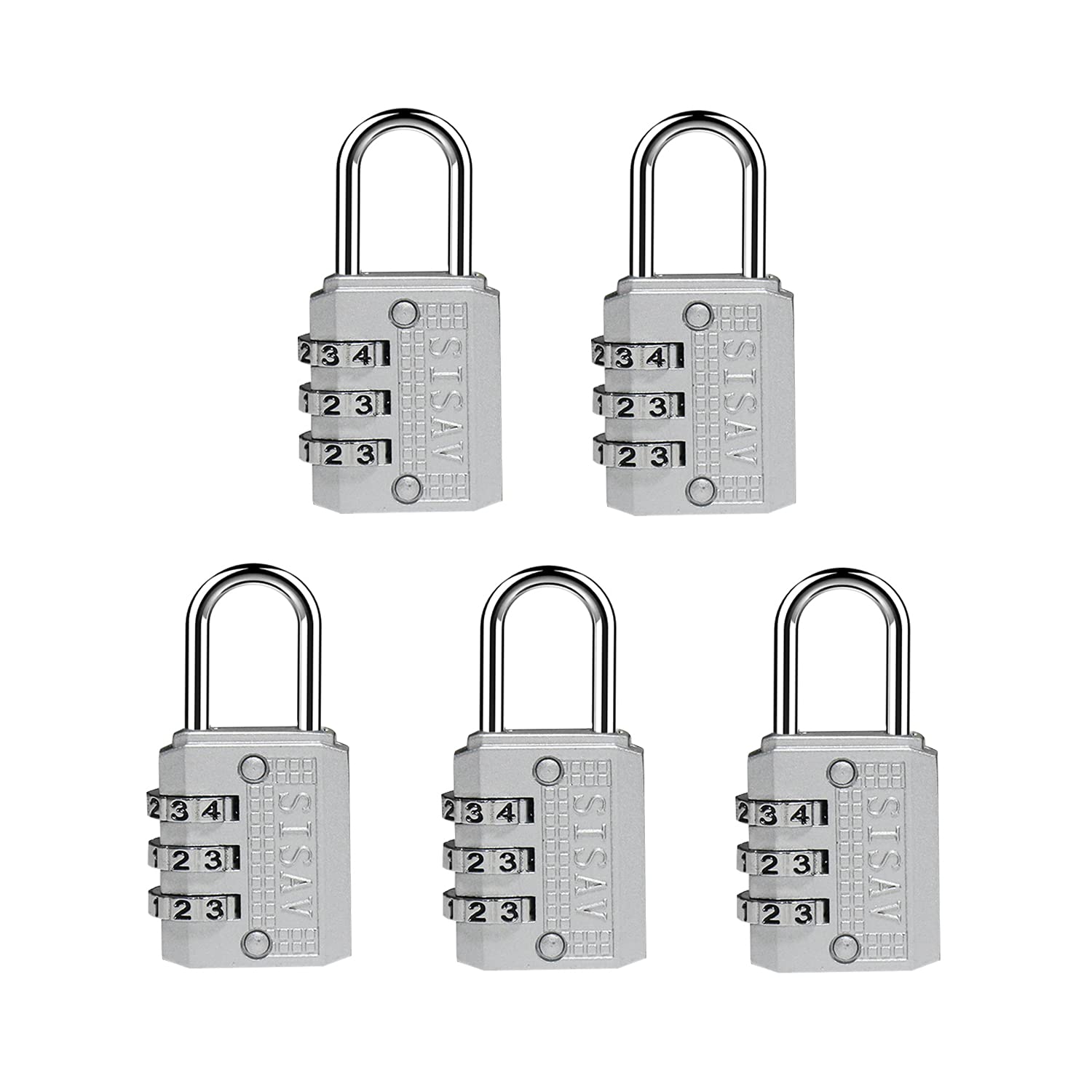 Sisav Silver 3 Digit Combination Lock,Gym Padlock,Outdoor Padlock,Suitable For School Lockers,Tool Boxes,Travel Backpack,Hasp( 5Pack)
