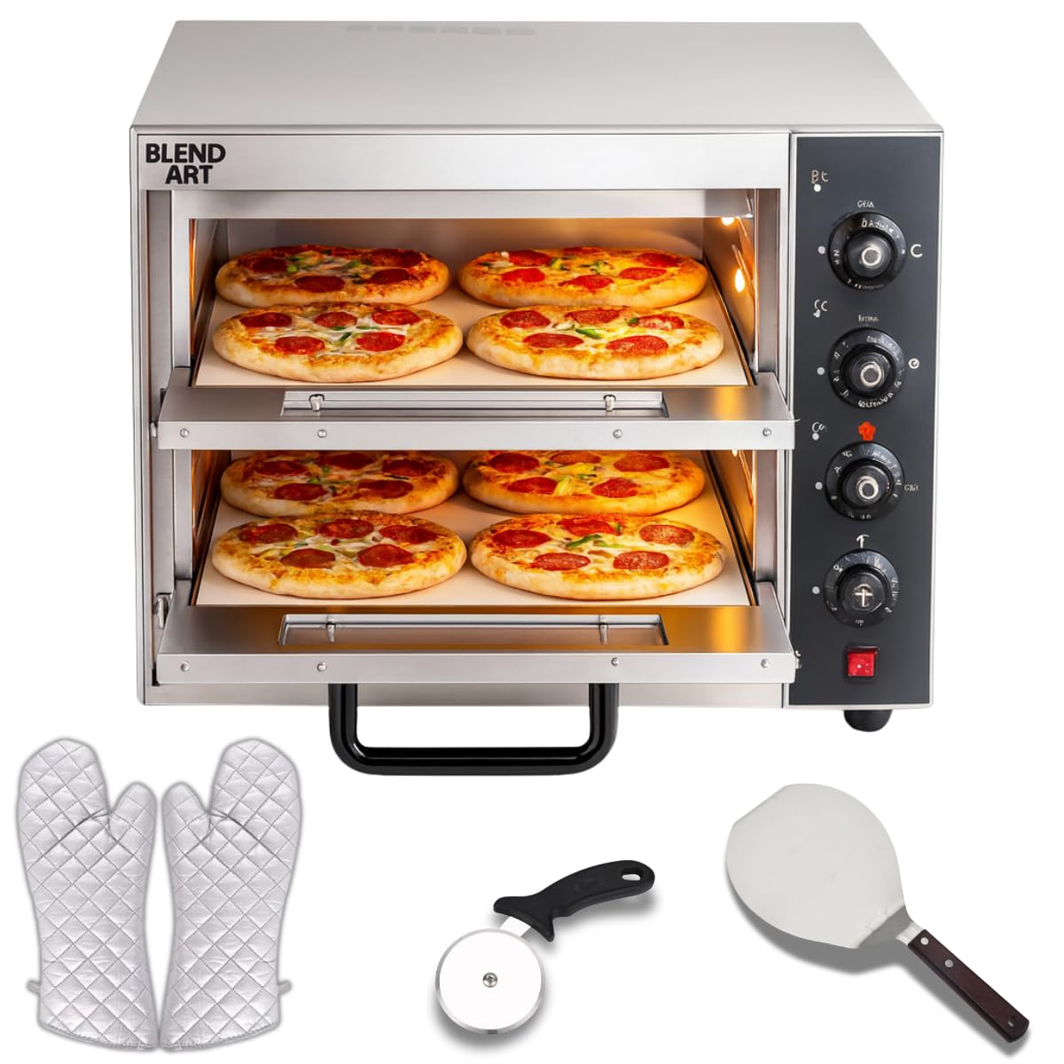 blend art pizza oven, 16x16 inch commercial with stones, 350° temperature control, timer, stainless steel restaurants, includes pizza peel, heat resistant gloves & pizza cutter (double deck)