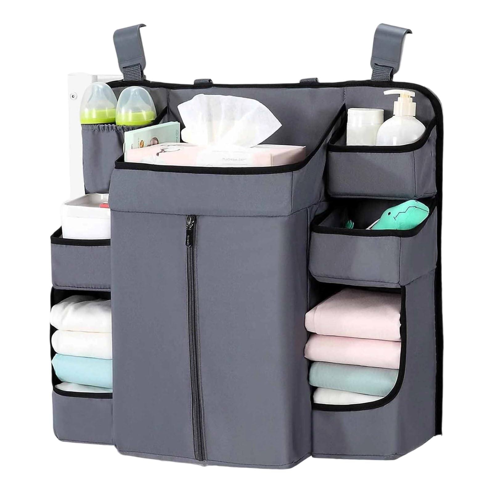 Organizadores colgantes para cuna de bebé, 6 compartimentos, bolsillo grande con cremallera, tela resistente, solución de almacenamiento ajustable para cuna