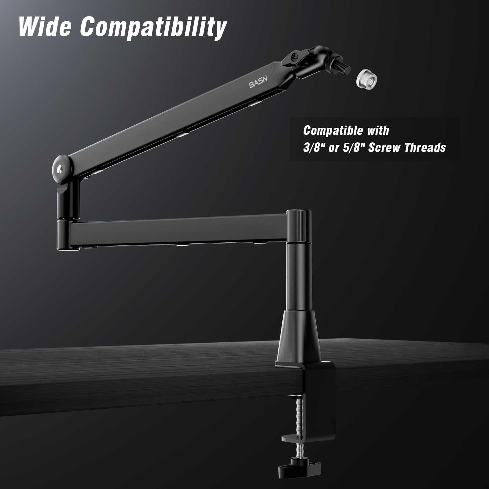 BASN Low Profile Mic Arm, Mikrofon-Galgenarm Ständer mit Tischklemme, drehbares und verstaubares Design, Kabelmanagementk, 3/8 Zoll auf 5/8 Zoll Gewindeadapter für Podcast, Gaming, Streaming
