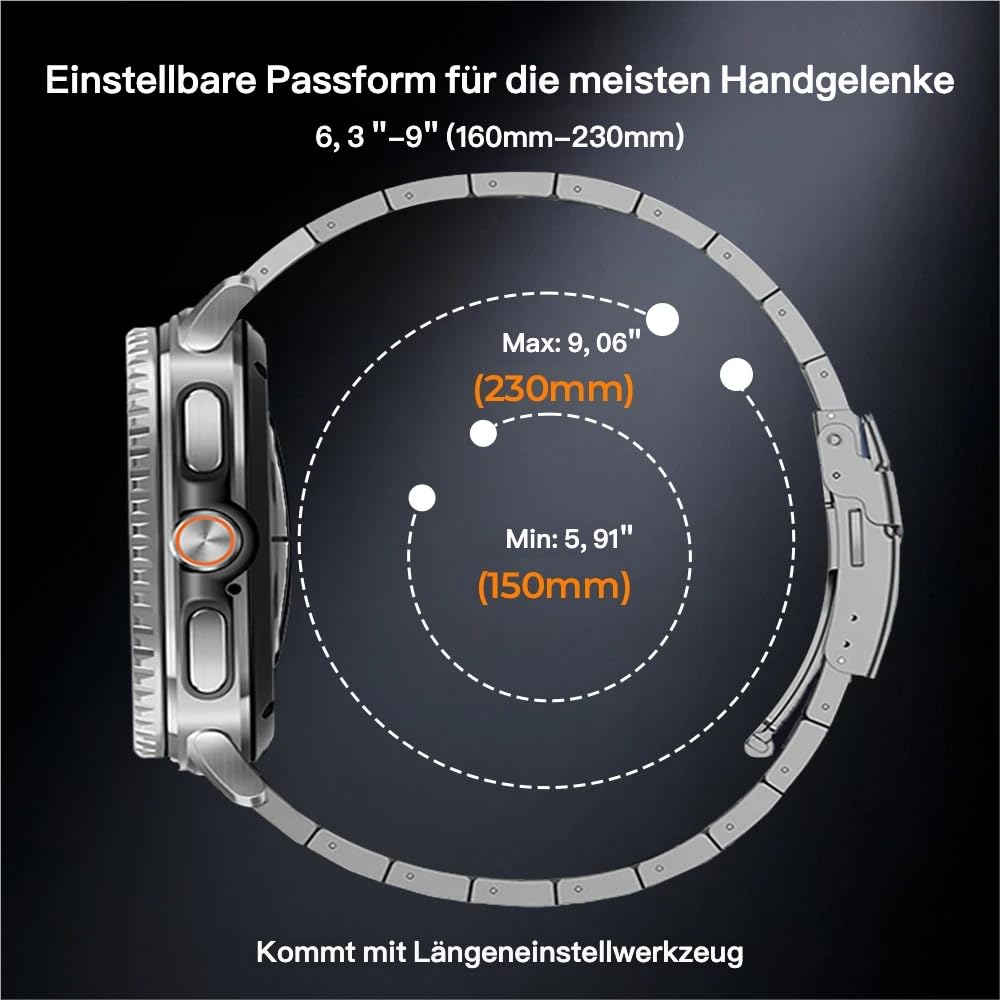 Bracelet en métal titane sans espace pour Samsung Galaxy Watch 8 (40 mm/44 mm)/8 Classic (46 mm) - Bracelet réglable en titane avec double boucle de sécurité - Léger et hypoallergénique - Pour