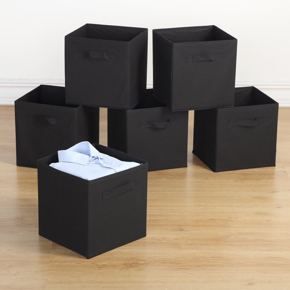 Storage Bins - Collapsible Storage Cube Organizer, Nonwoven Basket Container Fabric Drawers Set of 6, Black 10.5”, Dual Handles