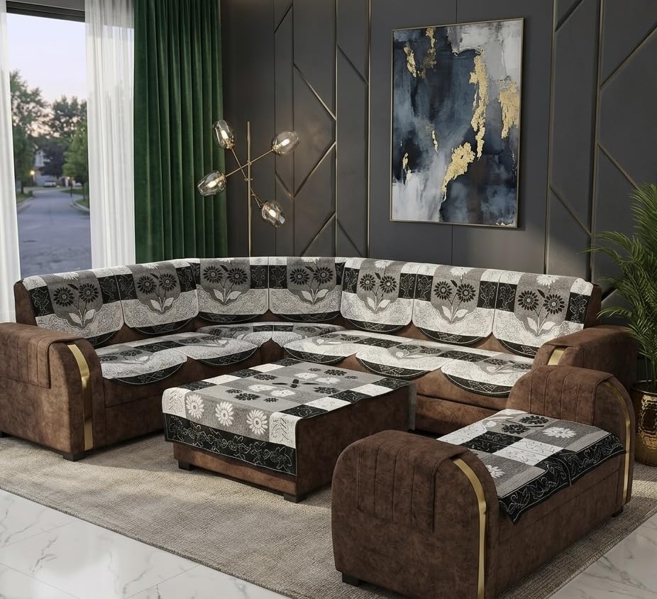 BALLEY L-Shape Sofa Cover Set, Black Floral Print, 16 Pcs with Table Cover, 40x60 Inch-image-22