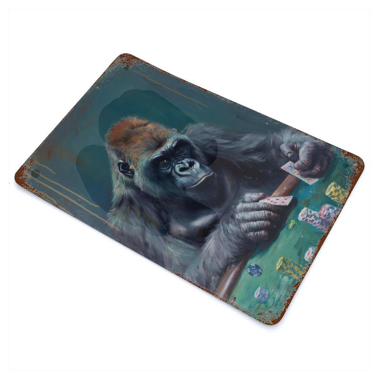 Garage Style Gorilla Playing Poker Game Rust Effect Tin Sign 11.8"x7.9", Classic Wall Plaque for Bar And Workshop