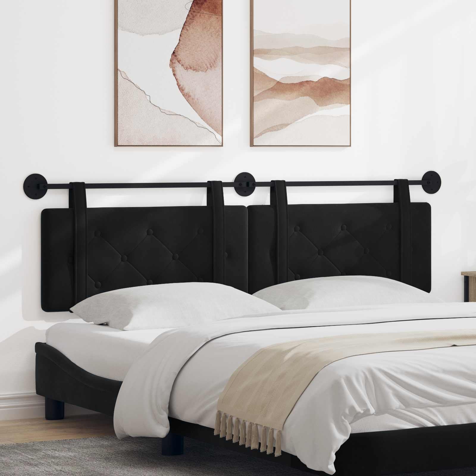 Cabecero colgante de terciopelo negro con diseño acolchado, marco de madera, montaje en pared, 170 x 55 cm, juego de 2 unidades para dormitorio, habitación de invitados, cama doble