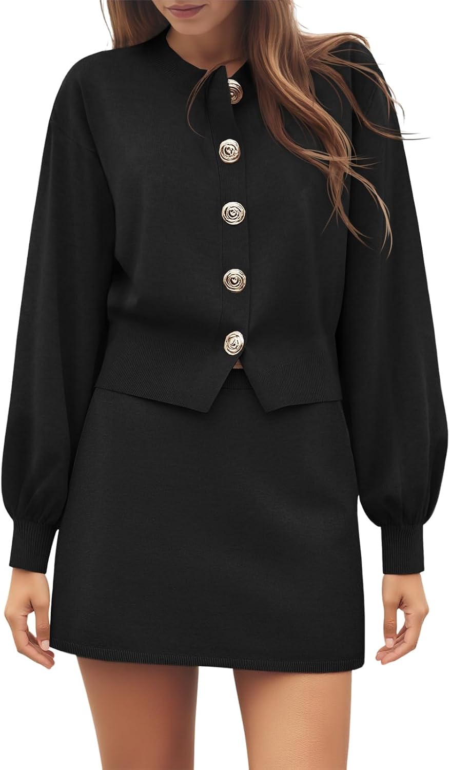 Tankaneo Womens Skirt 2 Piece Sweater Set Crewneck Button Up Cardigan Mini Skirt Trendy Casual Lounge Sets