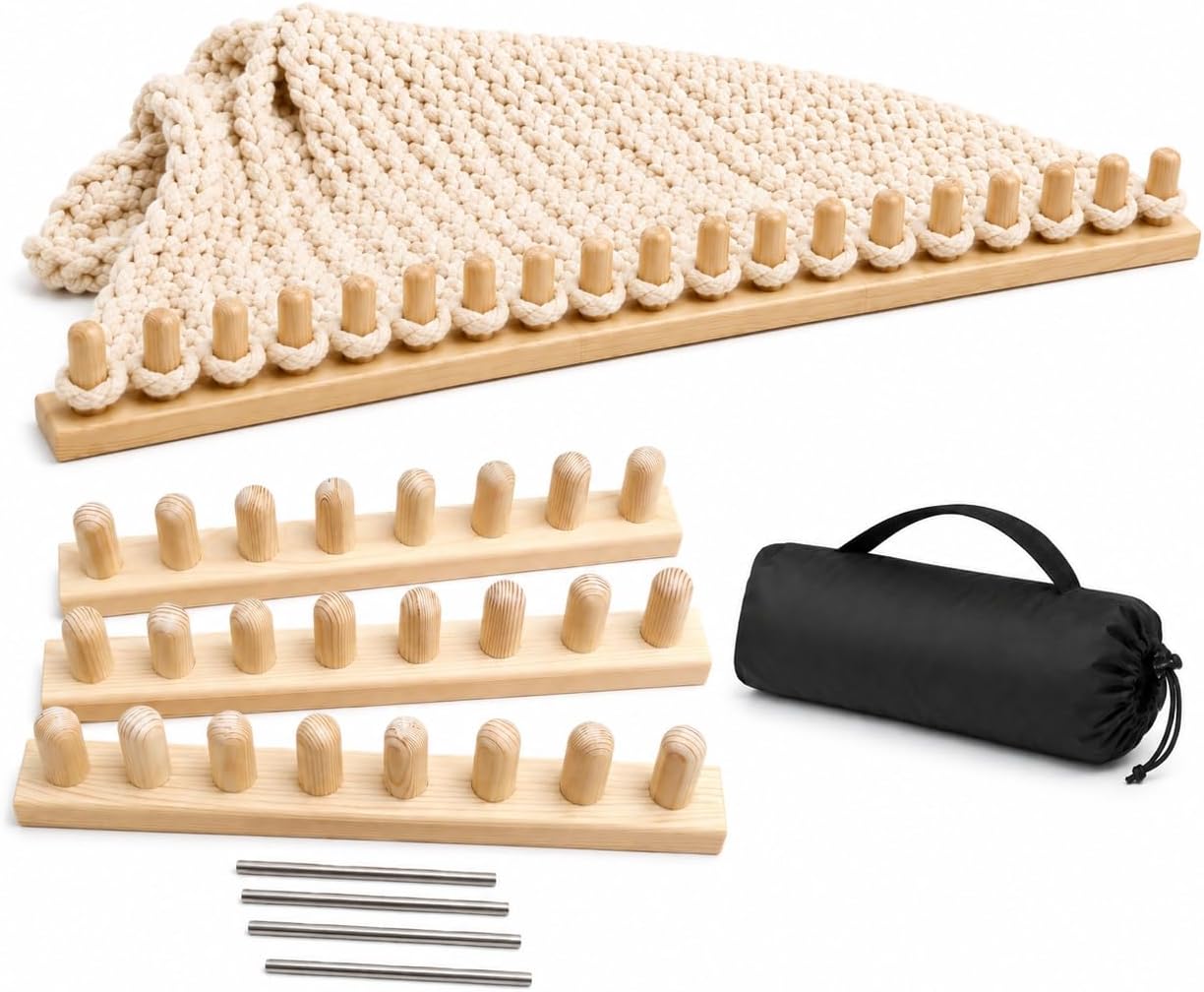 NYELOZIO 2026 Upgraded 48 Inch Chunky Blanket Loom Kit, Solid Wood Hand Knitting Loom for Chunky Yarn, Snag-Free Edges, Stainless Steel Pins & Storage Bag, Beginner Friendly Craft Tool