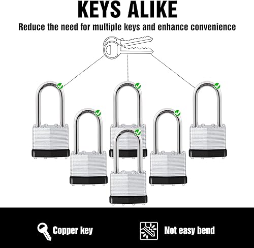 Miniatura 7 de 6 candados con las mismas llaves, acero laminado negro plata (1-916 pulgadas, 1.575 in), grillete largo para cobertizos, puertas, vallas, caja de