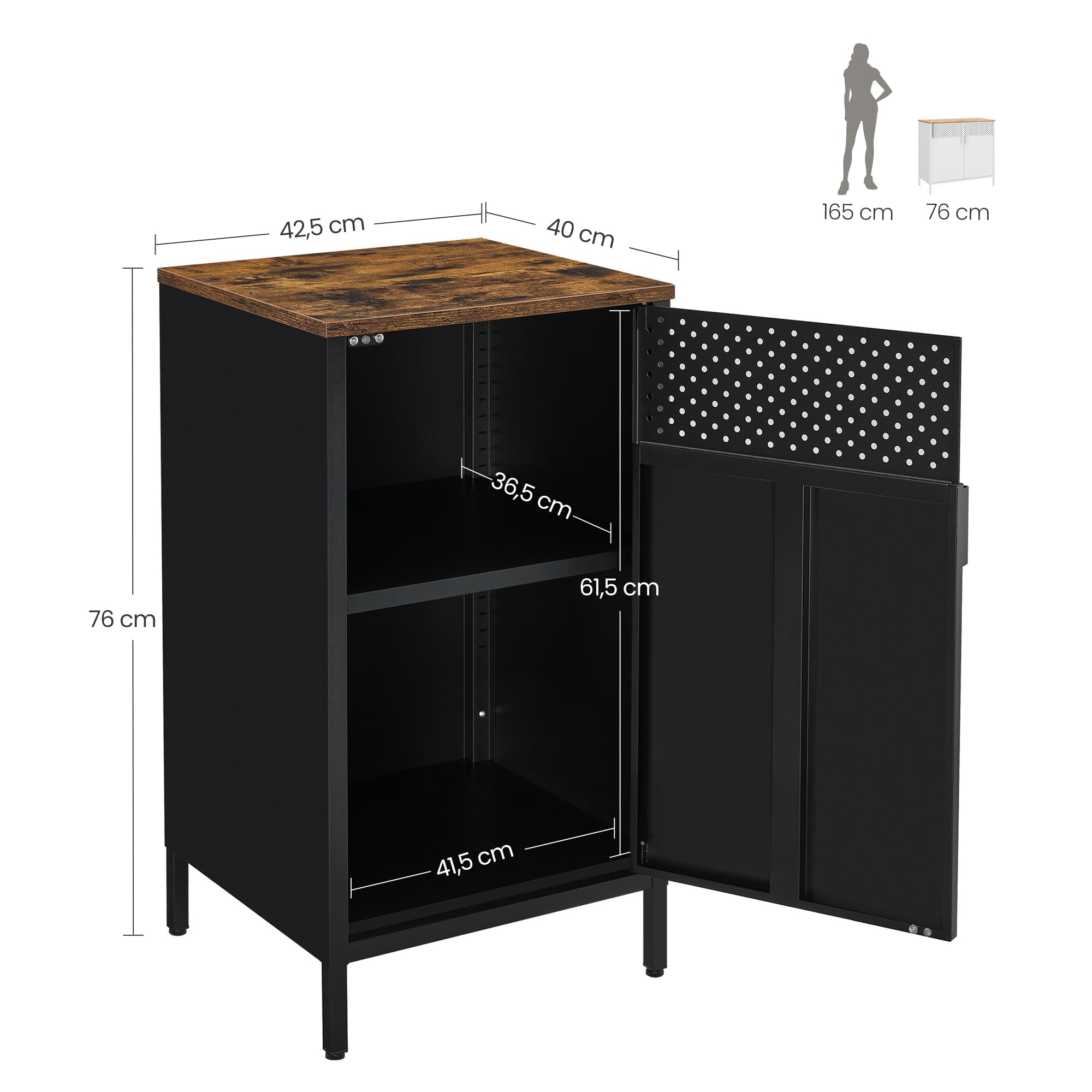 SONGMICS Aufbewahrungsschrank, Metallschrank, mit Doppeltür, Magnetverschluss, Verstellbarer Einlegeboden, Stahlgestell, 40 x 42,5 x 76 cm, vintagebraun-schwarz LSC101B01