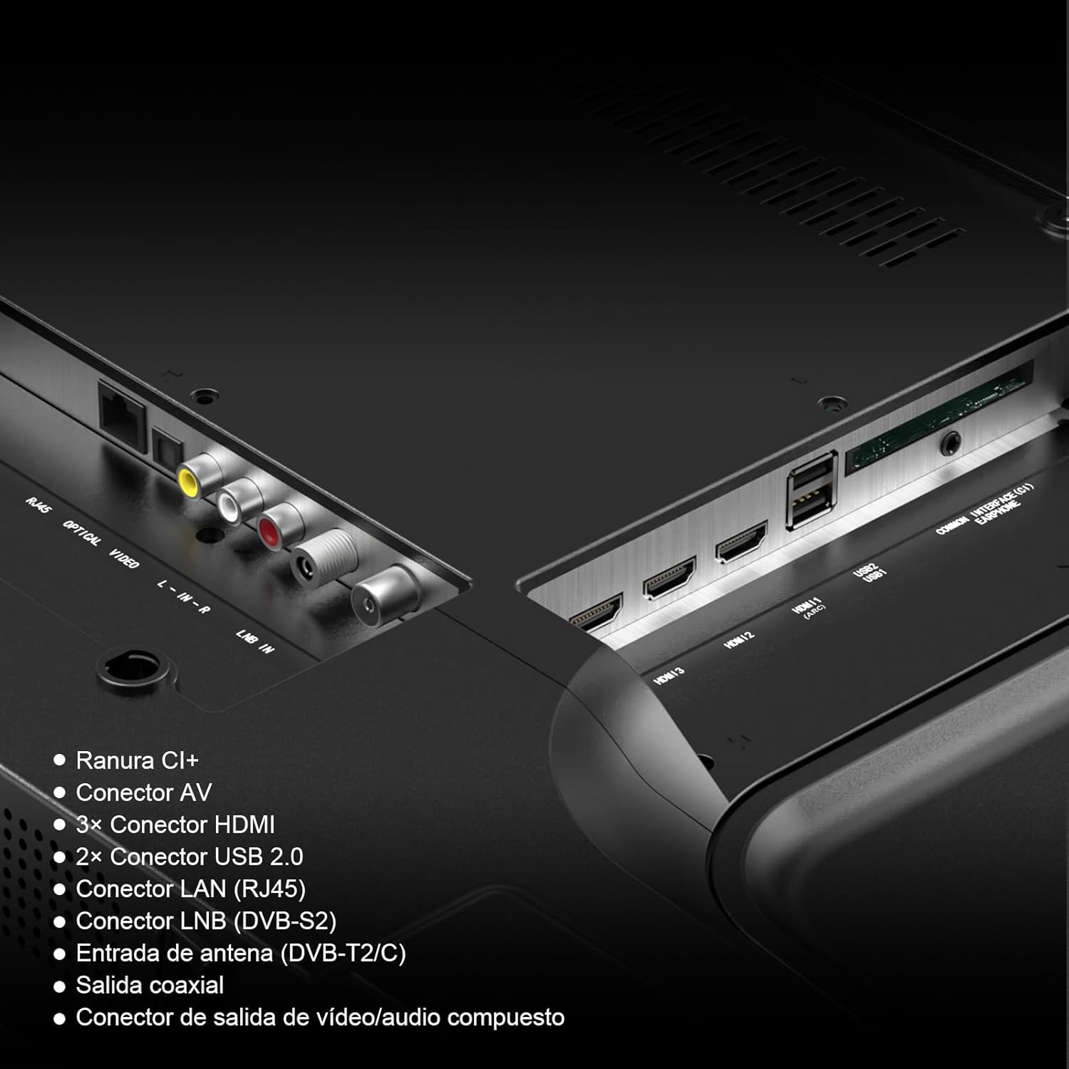 Close-up view of the rear panel of the HKC Smart TV, showing various input and output ports including CI+ slot, AV connector, HDMI ports, USB 2.0 ports, LAN (RJ45), LNB (DVB-S2), Antenna (DVB-T2/C), Coaxial output, and composite video/audio output.