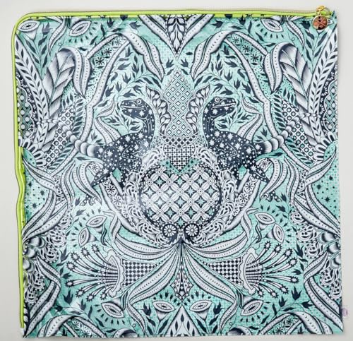 Image of Tula Pink Gift Rapt Clear Plastic Corner Zipper Project Bag, XL 20 x 20 inches, with Raptor Dinosaur Design for Sewing, Quilting or other Storage Use, Green /clear