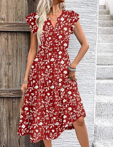 Image of ZEAGOO Womens Summer Casual Dresses Ruffle Sleeve V Neck Midi Dress Flowy Tiered Dress with Pockets Boho Sundresses