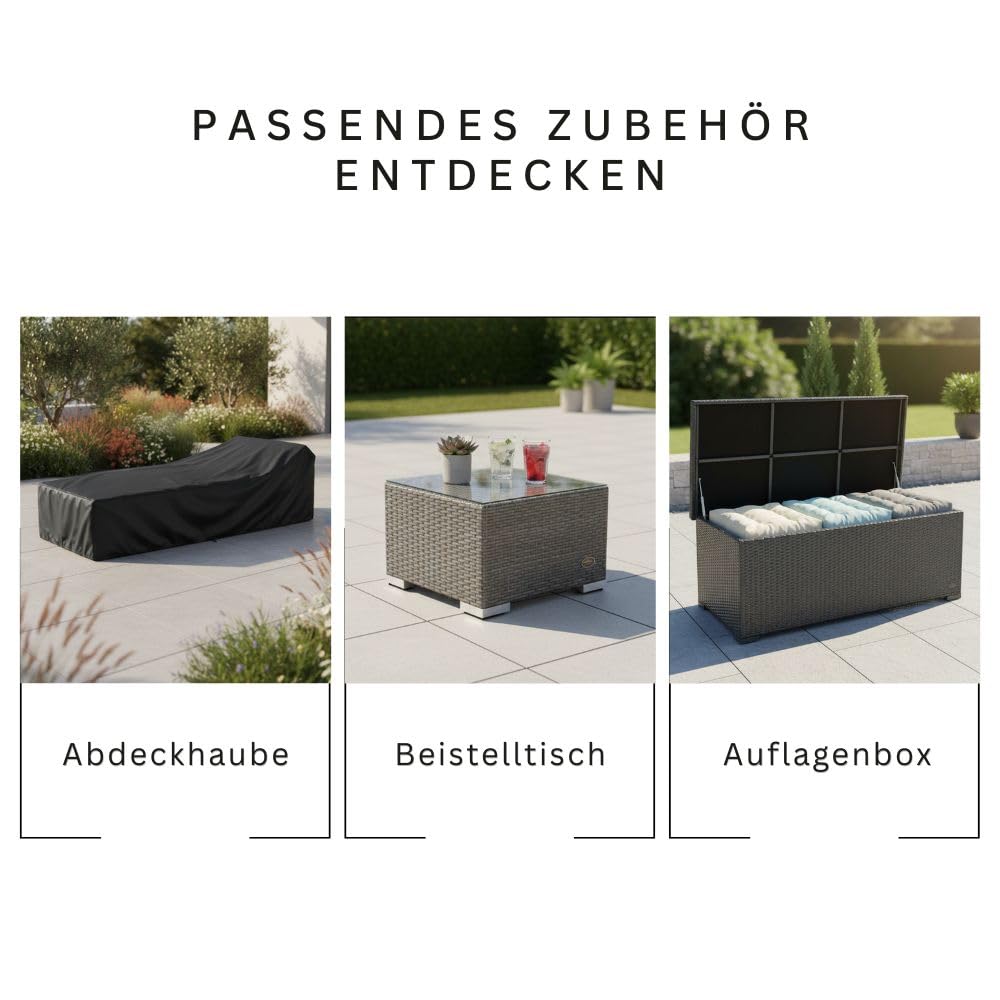 RS Trade Sonnenliege Gartenliege wetterfest extra hoch auch für Senioren – Polyrattan Outdoor mit Rollen, stabil & belastbar bis 200kg, XXL für Garten Terrasse Balkon, grau Rattan, mit Grauer Auflage