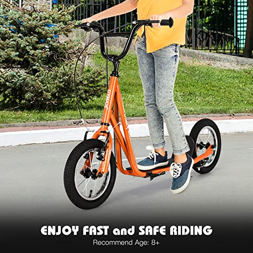 Image of GYMAX Scooter, Kids & Adults Off-Road Scooter with 12 inch Inflatable Wheels, Adjustable Height Handlebar, V-Type Handbrakes & Axle Pegs for All Terrain, 8+