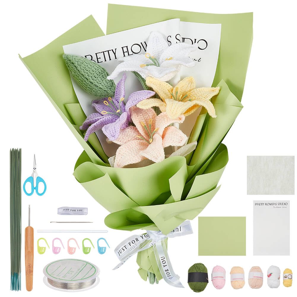 INFUNLY 10 Stück Lilienblumen-Häkelsets Für Anfänger, Komplette Blumen-Häkelsets Für Erwachsene Und Kinder, Anfänger Mit Anleitung Und Video-Tutorials, Häkelset als Geschenk Zum Muttertag, Hochzeit, G