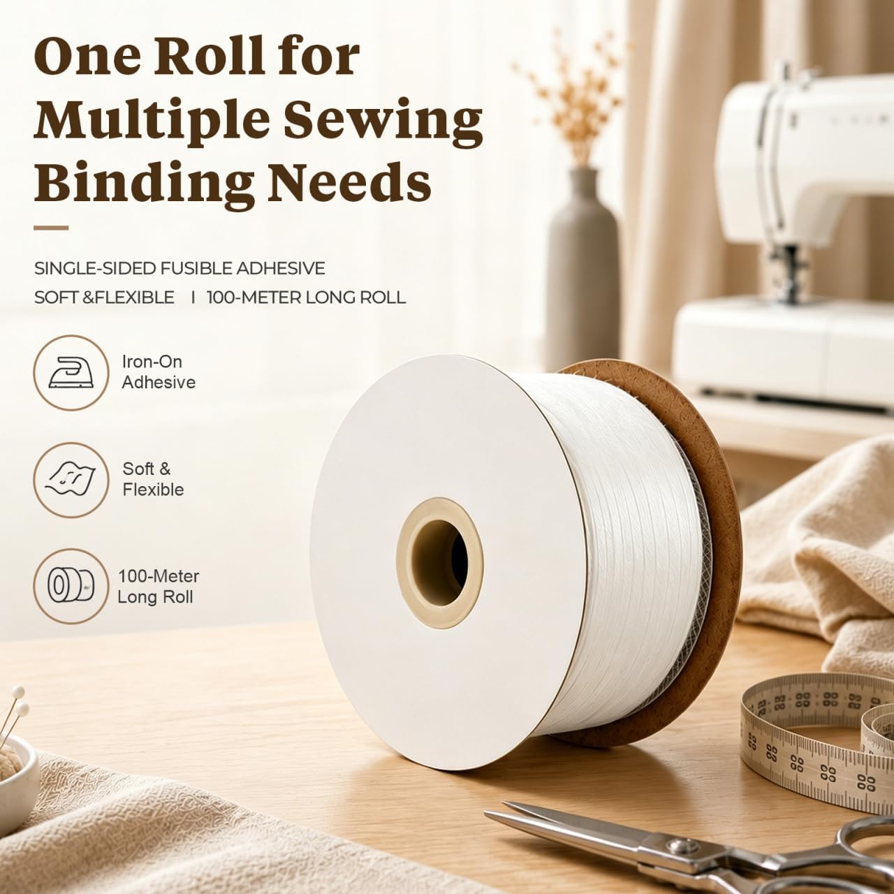 ULTECHNOVO White Fusible Non-Woven Interfacing Fabric Strip for Sewing DIY Crafts, 100 Meters Roll, Lightweight Lining Strip for Garment Stabilizing and Tailoring