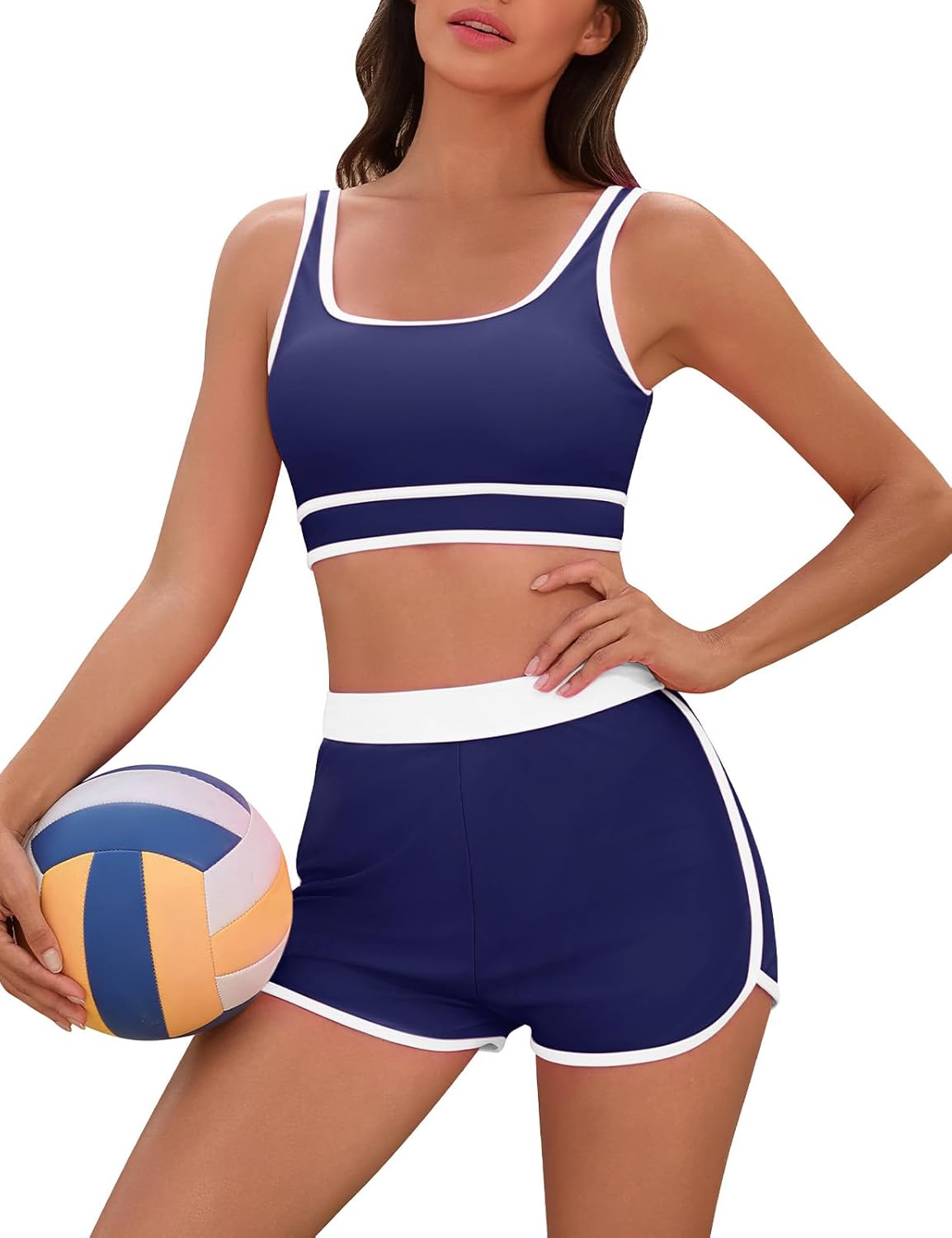 UMIPUBO Women's Sporty 2 Pieces Bikini Set with Color Block Trim, Athletic Swimsuit Bottoms & Removable Padding