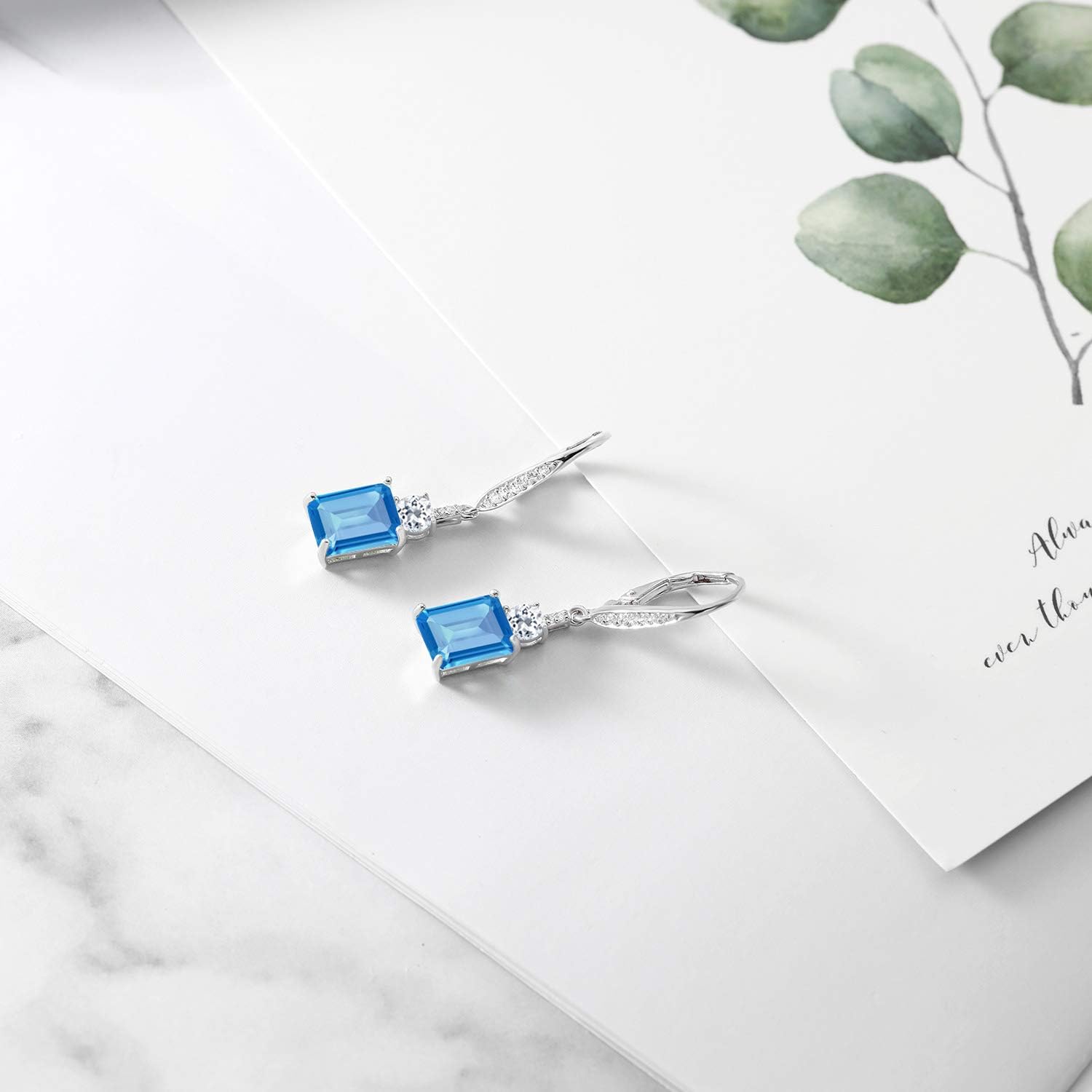 Gem Stone King Drop Dangle Gemstone Birthstone and White Topaz Earrings for Women | 925 Sterling Silver | Emerald Cut 9X7MM | Fine Jewelry Gifts for Her Mom Anniversary Wedding - Image 5