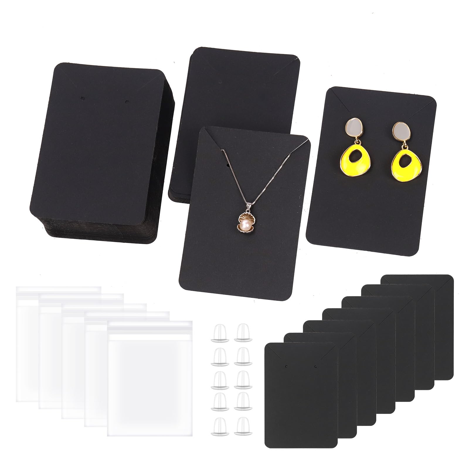 Swpeet 300Pcs Black Earring Display Cards Assorment Kit, 100Pcs 3,5 x 2,4 Zoll Square Earring Holder Cards mit 100 Silikon Ohrring Backs und Self-Seal Bags für Ohrringe Halskette Schmuck Display